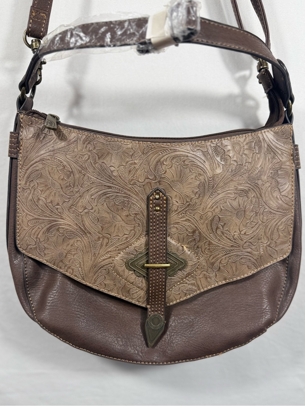 Justin Ladies Cross Body Tan W/Seed Sunburst And Tassel